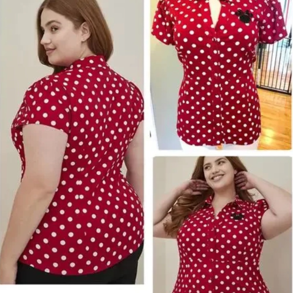 Torrid Disney Red Minnie Mouse Polka Dot Retro Button Top Short Sleeve SZ 12